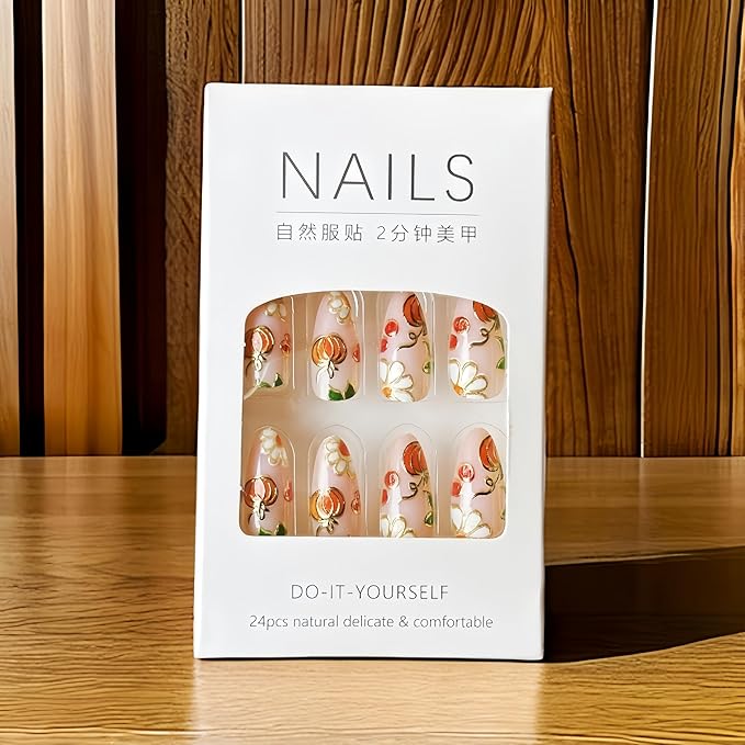 24Pcs Fall Press on Nails Medium Almond Thanksgiving Fake Nails Autumn Gilded Pumpkin Daisy Full Cover Fall Leaves False Nails Reusable Autumn Acrylic Nail Glue on Nail for Women Nail Decoration