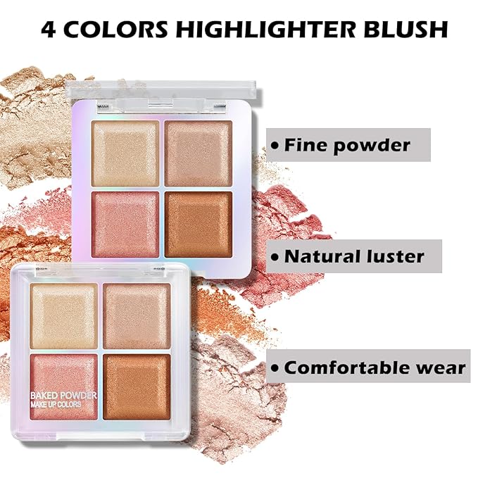 Boobeen Blush and Highlighter Palette- 4-color Metallic Shimmer Shadow Powder, Illuminator Makeup Set for Shading, Highlighting & Defining the Face