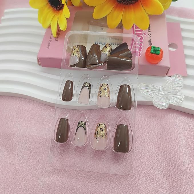 Fall Press On Nails Short Coffin Plastic False Nails 24Pcs Set with Golden Glitter Leopard Designs French Tip Glossy Glue On Nails Brown Nude Gold Almond Shape