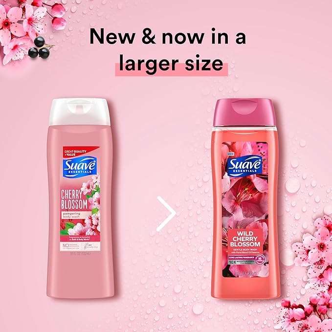 Suave Moisturizing Body Wash, with Wild Cherry Blossom and Vitamin E Extract, No Parabens, No Phtahaltes, 18 Oz Pack of 6