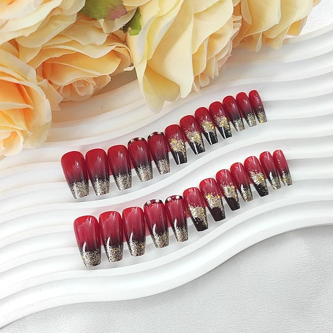 Coffin Press on Nails Medium Black Gradient Acrylic False Nails with Glitter Sequins Design Rhinestones Glue on Nails Claret Full Cover Coffin Nails Press ons Glossy Stick on Nails for Women 24Pcs