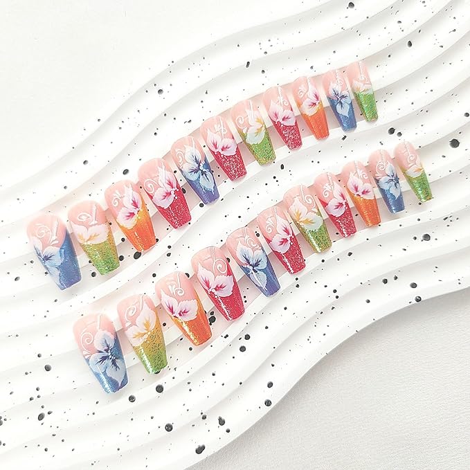 Coffin Press on Nails Medium Colorful French Tip Fake Nails Press ons Flower Glitter Design Glue on Nails Pink Full Cover False Nails Glossy Artificial Acrylic Nails for Girls 24Pcs