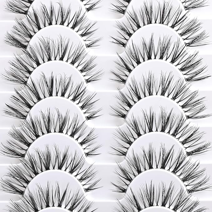 FARRED Cat Eye Lashes Natural False Eyelashes Wispy Mink Eye Lash Fluffy Wispies Eyelash Natural Look 10 Pairs Clear Band Fake Lashes Pack Volume Lash Strips Pestañas (Z10|8-14MM)