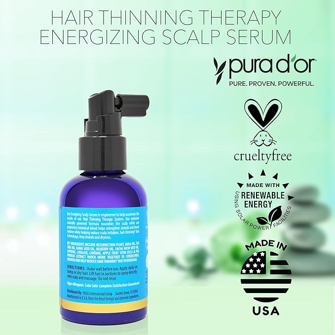 PURA D'OR Hair Thinning Therapy Energizing Scalp Serum 4oz w/Copper Tripeptide, Biotin, Caffeine, Plant Stem Cell, Catalase & DHT Balance, Rosemary Green Tea Leaf Extract, All Hair Types, Men Women