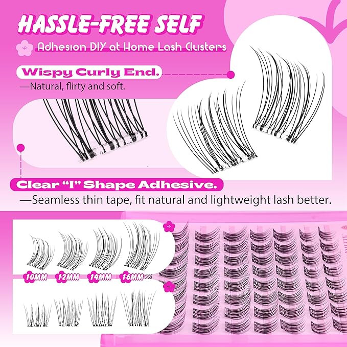 Self Adhesive Lash Clusters Natural Eyelash Clusters No Glue Needed Self Adhesive Eyelashes Invisible Band Press On Lashes 10-16mm Wispy Cluster Eyelash Extensions Pre Glued with Tweezers by ALPHONSE