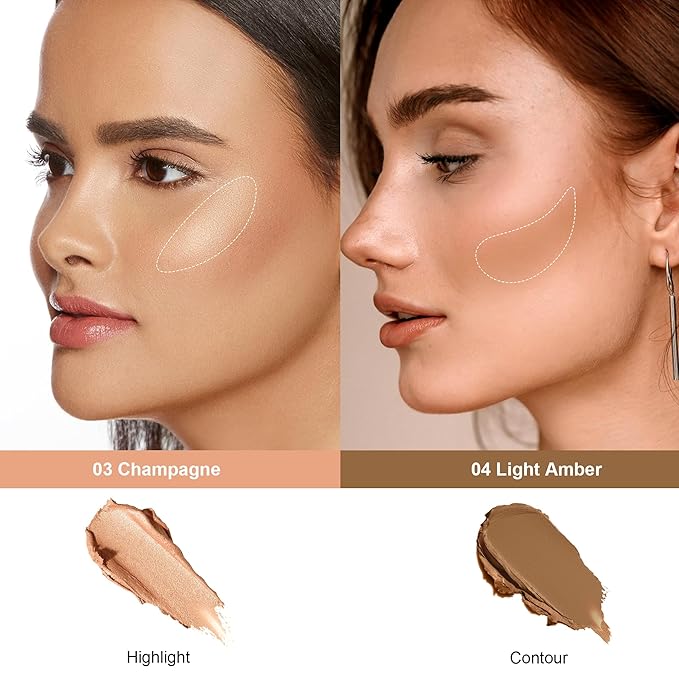 FV Cream Contour and Highlighter Stick - Highly Pigmented & Blendable for a Sculpted, Natural Glow | Waterproof & Long-Lasting Finish | Perfect for On-The-Go Makeup, 04 Light Amber & 03 Champagne