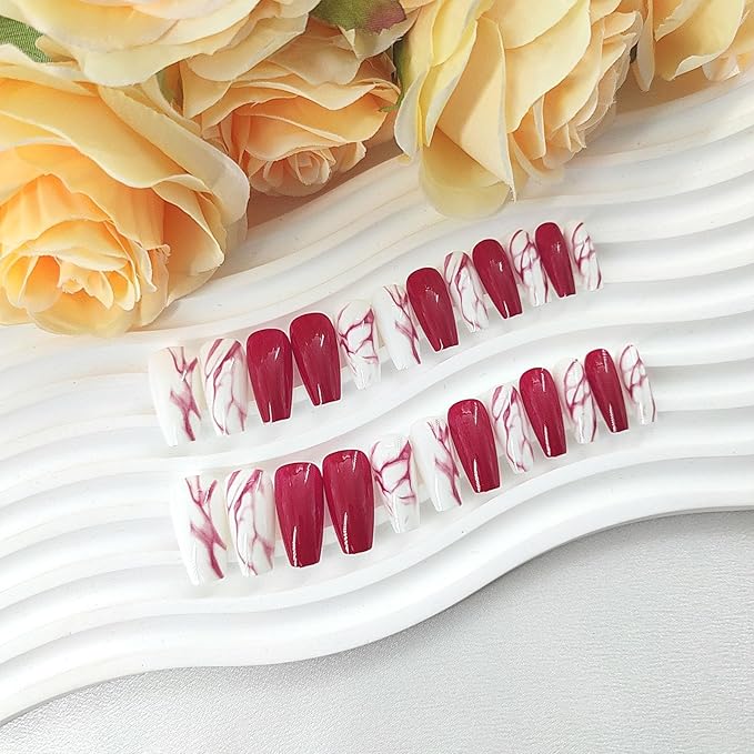 Coffin Press on Nails Medium Glossy Fake Nails with Lines Gradient Design Glue on Nails Red Full Cover False Nails Cute Acrylic Nails Artificial Coffin Nails Press ons for Girls 24Pcs