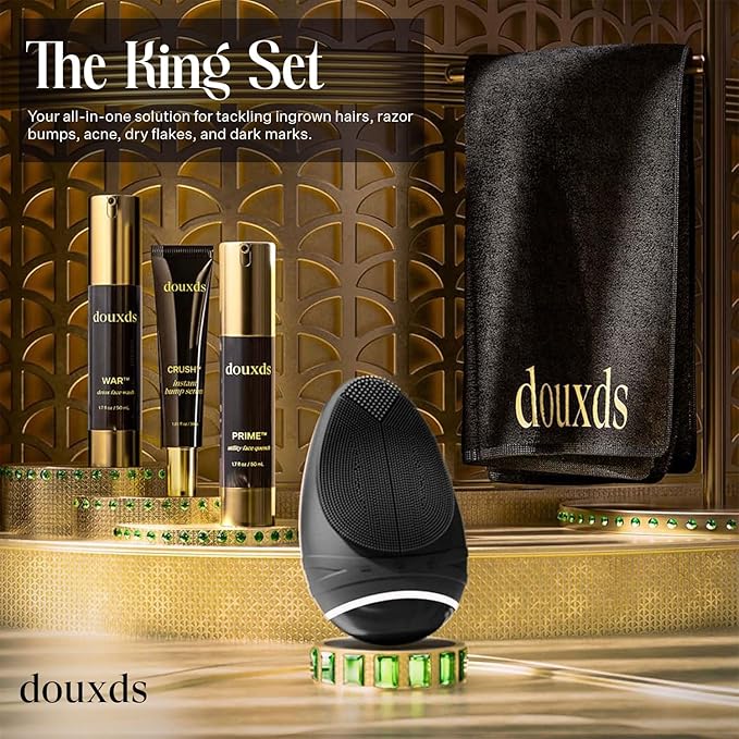 douxds The King Set, FLEX™ Pro Vibrating Face Brush, WAR™ Charcoal Facial Wash, PRIME™ Vitamin Face Quench, CRUSH™ Instant Bump Serum, MIRO™ Towel, 5-In-1 Skincare Set, Acne Treatment