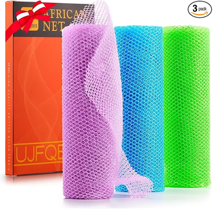 UJFQBH 3 Pieces African Bath Sponge African Net Long Net Bath Sponge Exfoliating Shower Body Scrubber Back Scrubber Skin Smoother,Great for Daily Use (Pale Purple, Blue, Green)
