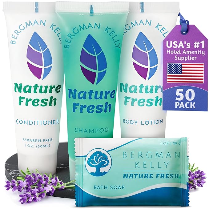 BERGMAN KELLY Hotel Toiletries Bundle (Nature Fresh, 1 oz each, 200 Pieces) 4-Piece Set: 50 Rectangular Bar Soap, 50 Shampoo, 50 Conditioner & 50 Body Lotion - Bulk Mini Guest Amenities