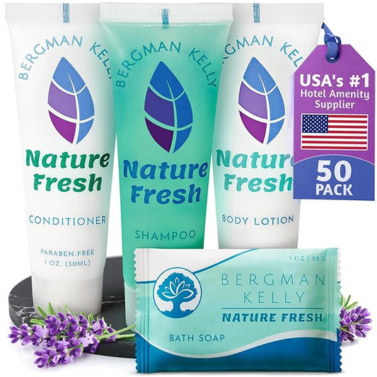 BERGMAN KELLY Hotel Toiletries Bundle (Nature Fresh, 1 oz each, 200 Pieces) 4-Piece Set: 50 Rectangular Bar Soap, 50 Shampoo, 50 Conditioner & 50 Body Lotion - Bulk Mini Guest Amenities