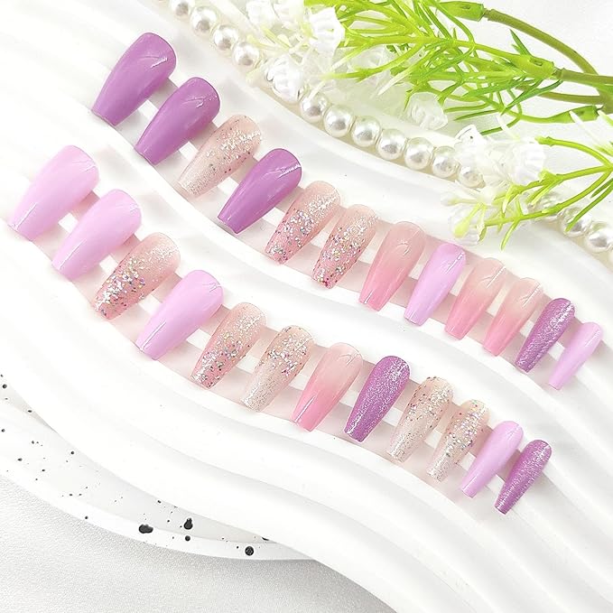 Coffin Press on Nails Medium Fake Nails Press ons Pink Gradient Glitter Sequins Design False Nails Purple Full Cover Glue on Nails Glossy Artificial Acrylic Nails for Girls 24Pcs