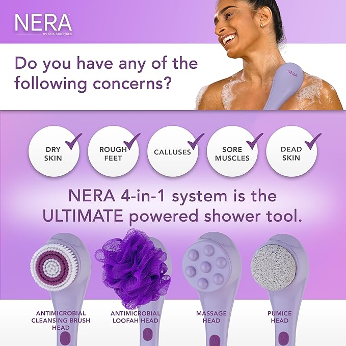Spa Sciences - NERA - 4-in-1 Shower/Bath Body Brush for Exfoliation, Deep Cleansing, Foot Care, Lotion Infuser, and Massage