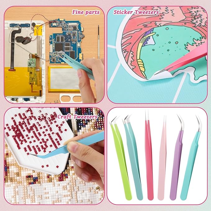 High Precision Lash Tweezers Set 6 Pack Stainless Steel Eyelash Extension Tweezers for Classic, Volume, Mega Volume Lashes, Facial Hair, Eyebrow, Hair Removal, Crafting Making(Colored)