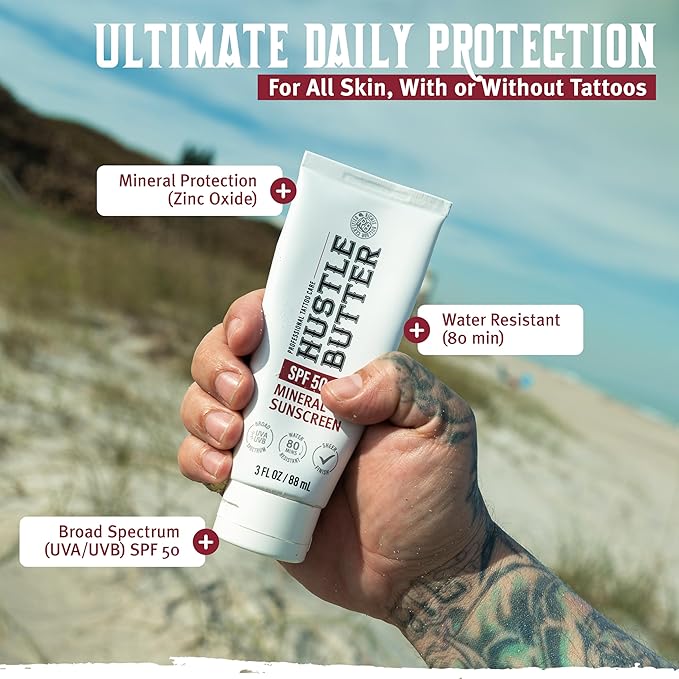 Hustle Butter Tattoo Aftercare Sunscreen - Tattoo Sunscreen Lotion - Fade Protection, SPF 50, Hydrating with Shea Butter & Coconut Oil, TSA-Friendly, Water Resistant, Non-Greasy, 3 oz