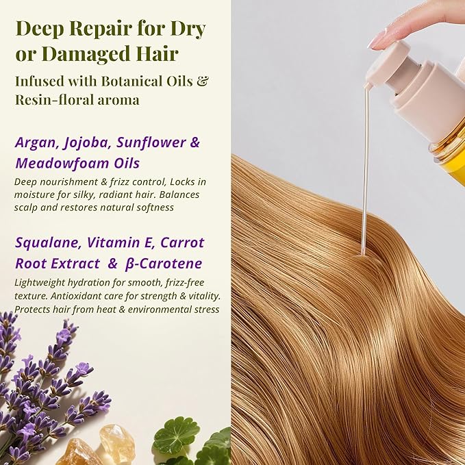 Hair Oil for Dry, Damaged Hair – Lightweight Leave-In Formula with Jojoba & Argan Oils for Deep Hydration, Frizz Control & Pre-Styling Care, Frankincense & Lavender Aroma, 3.4 fl oz / 100 ml