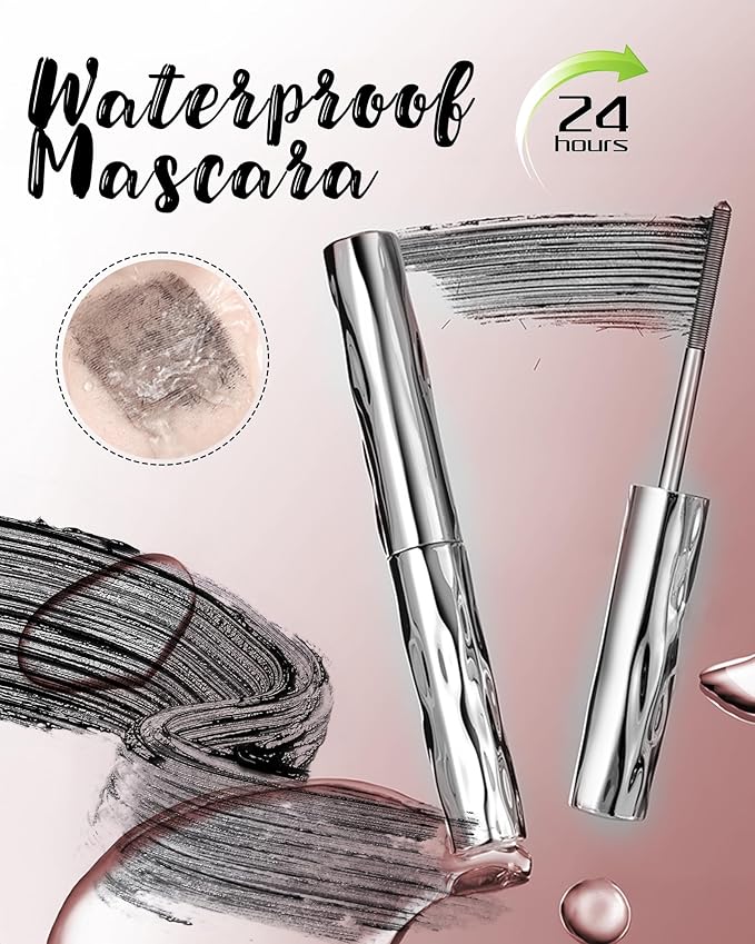 Iron Wand Mascara – Telescopic Tubing Mascara, Liquid Lash Extensions Effect, Waterproof & Long-Lasting, No Flaking, No Clumping, 3D Curling Wand for Bold, Defined Lashes (2 Black + Eyelash curler)