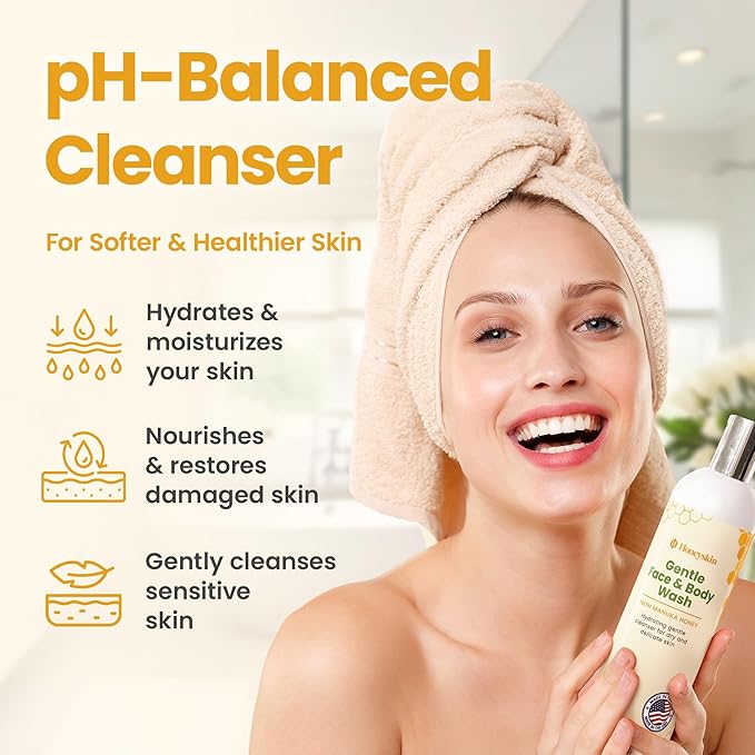 Face and Body Wash for Women and Men - Acne Body Wash Moisturizing for Sensitive Skin - Hydrating Facial Cleanser - Gentle Exfoliating Wash - with Manuka Honey (16oz)
