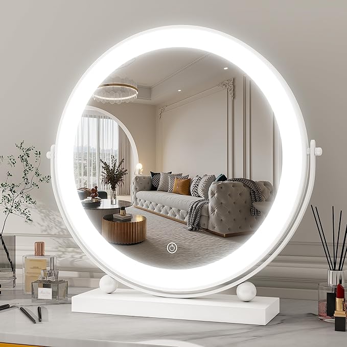 13 Inch Vanity Mirror with Lights, Round Make Up Mirror with Lighting, LED Mirror Makeup Mirror with Lights for Bedroom Tabletop, Smart Touch Control, 360° Rotation (White)