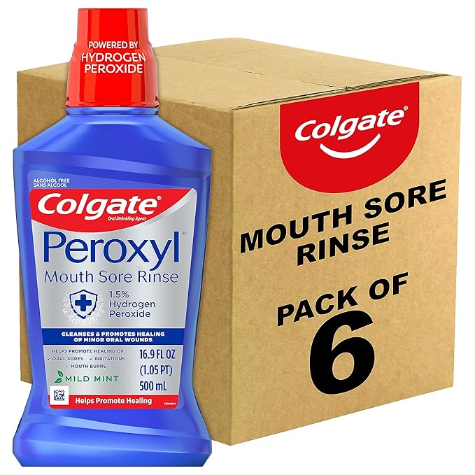 Colgate Peroxyl Antiseptic Mouthwash and Mouth Sore Rinse, 1.5% Hydrogen Peroxide, Mild Mint - 500ml, 16.9 Fluid Ounces (Pack of 6)