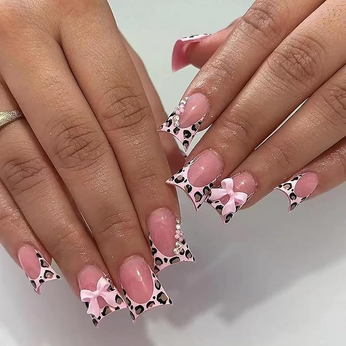 BABALAL Duck Nails Press on Pink Fake Nails Cheetah Glue on Nails with Bow Charm False Nails 24Pcs Duck Bill Full Cover Nails Handmade Artificial Nails for Women Girls Reusable Nails