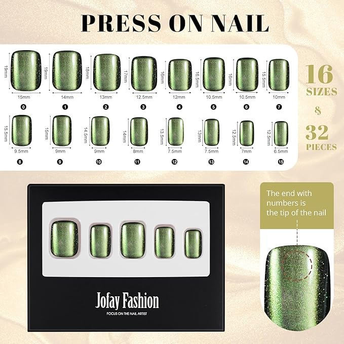 Cat Eye Press on Nails Short, Jofay Fashion Olive Green Press on Nails, Soft Gel Fake Nails, Reusable & Natural Acrylic False Nails, Stick on Nails for Women Girls Gift, Glue on Nails Kit 32Pcs