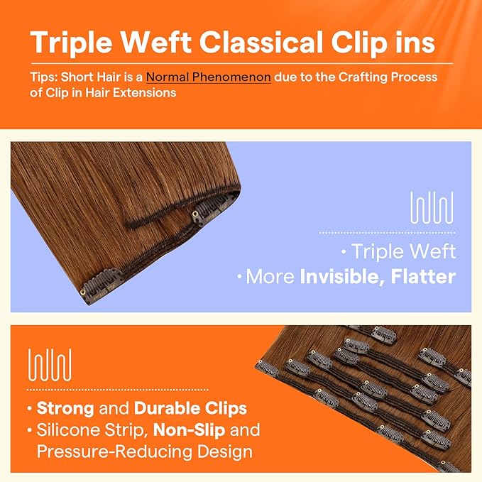 Full Shine Clip on Hair Extensions Human Hair Auburn Short Hair Extensions Clip ins Invisible Triple Weft 10 Inch 95 G 7 Pcs