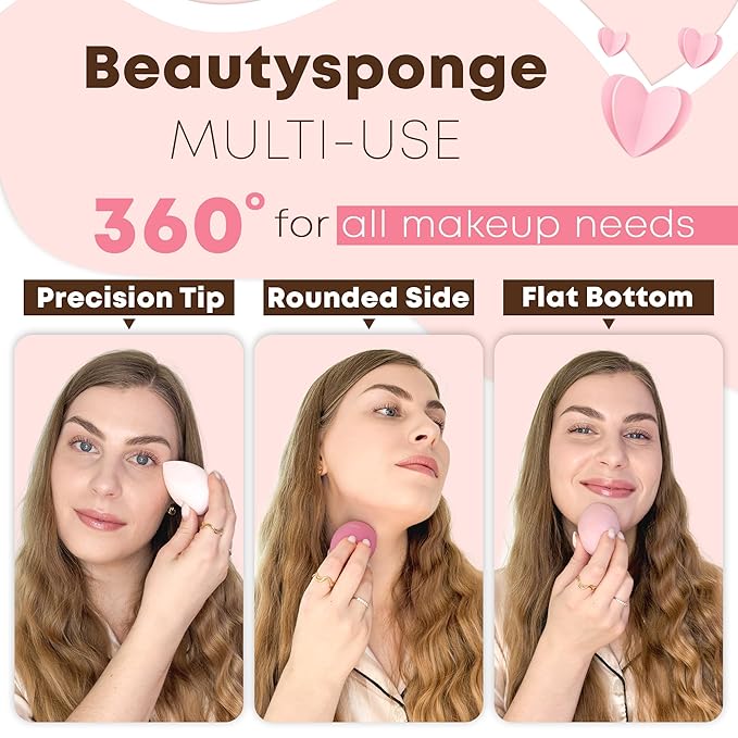 3 Pcs Makeup Sponges – Heart-Shaped Travel Box for Daily Use | Bonus Gold Drying Stand Included, Latex-Free Vegan Beauty Blenders