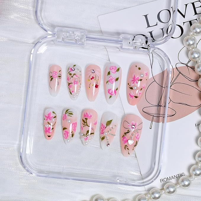 24Pcs Pink Flower Press on Nails Medium Almond Fake Nails with Peach Blossom Rhinestones Pearl Design Handmade False Nails 3D Floral Gems Bow Glue on Nails Rose Artificial Acrylic Nails Kit for Women