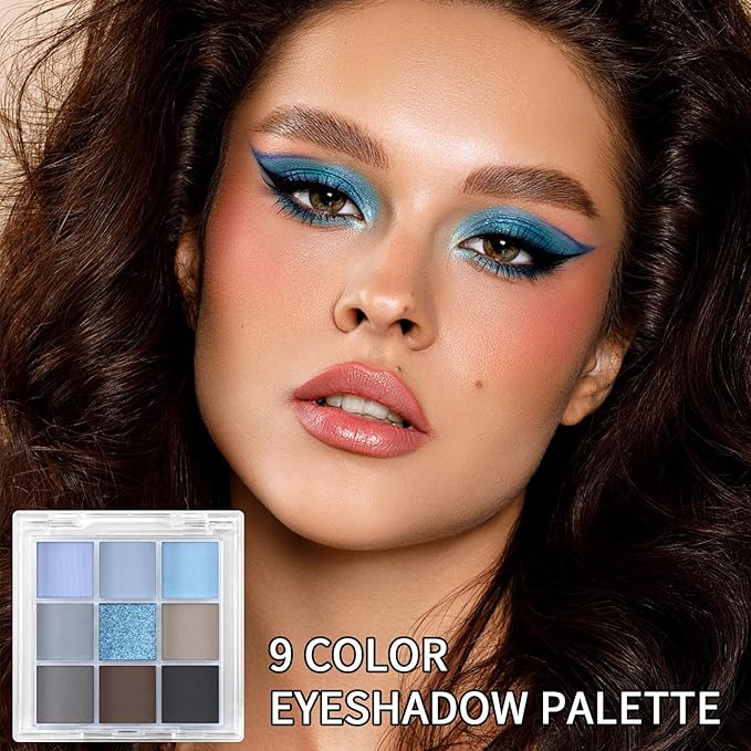 Erinde 9 Colors Eyeshadow Palette, Matte Shimmer Glitter Eye Shadow Palette Makeup, Highly Pigmented Long Lasting Waterproof, Natural Neutral Nude Eyeshadow Make Up Pallet, Blue