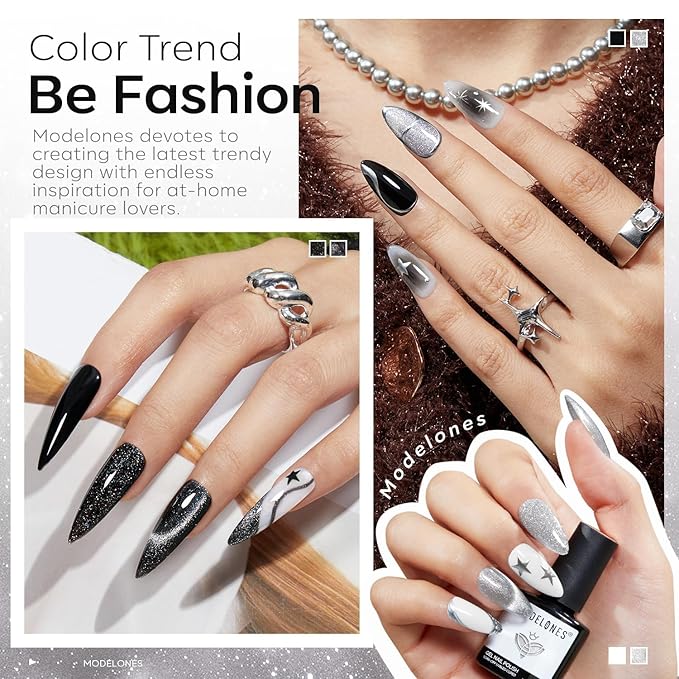 modelones Gel Nail Polish Set, 6 Colors Cat Eye Black White Gray Silver Glitter Shimmer Gel Polish Kit with Magnet Sparkle Galaxy Series Soak Off Nail Art Manicure Home Gift for Women Girl