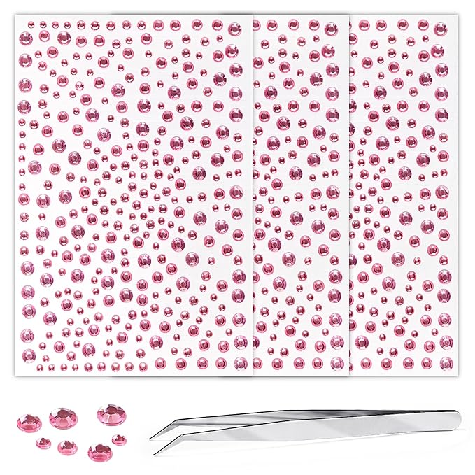 975Pcs Face Gems Hair Gems, Self-Adhesive Face Jewels Eye Jewels Rhinestones 3/4/5/6 mm DIY Face Gems Stick on, Hair Body Rhinestones Gems Crystals Pearls for Face Makeup, Crafts (gem_Pink)