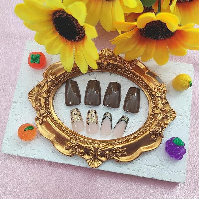 Fall Press On Nails Short Coffin Plastic False Nails 24Pcs Set with Golden Glitter Leopard Designs French Tip Glossy Glue On Nails Brown Nude Gold Almond Shape