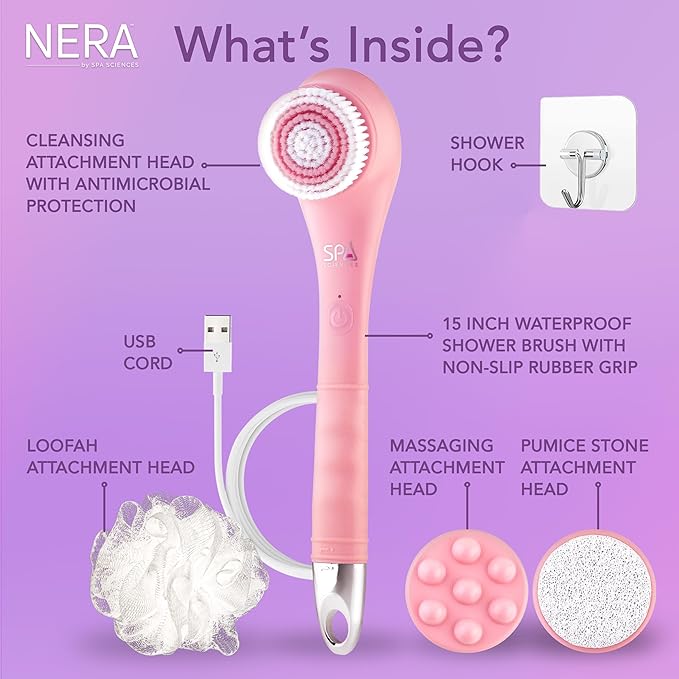 Spa Sciences - NERA - 4-in-1 Shower/Bath Body Brush for Exfoliation, Deep Cleansing, Foot Care, Lotion Infuser, and Massage