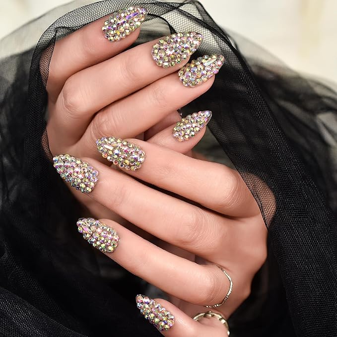 Handmade Nails 24pcs Full Cover 3D Rhinestones Press On Nails Almond Medium Length Nails Women Girls Gifts Salon Manicure Shiny Crystal Nail Art Tips Fake Nails Reusable Acrylic False Nails