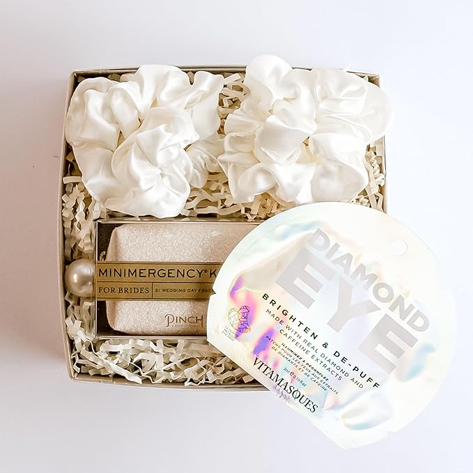 Bride Gift Box - Bride to Be Gift Set for Bridal Shower, Engagement Party, Bachelorette Party, Wedding Shower - White Silk Sateen Hair Scrunchies, Diamond Eye Mask, Bride Emergancy Kit
