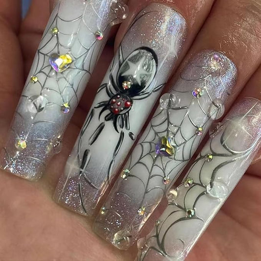 BABALAL Press on Nails Long Square Fake Nails Sliver Chrome Goth Glue ons Spider Web Gothic Design with Charm Handmade Supplies Art 24Pcs Halloween Full Cover Acrylic False Nails