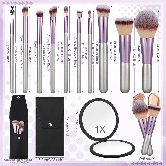 20PCS Makeup Brushes Set,10 Pcs Travel Makeup Brush with Mirror,Storage Bag and 8PCS Makeup Sponges for Home,Travel, Party