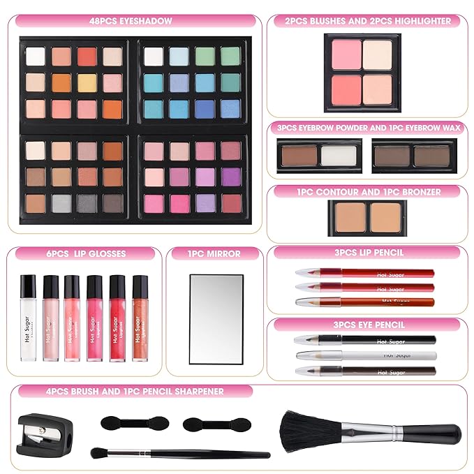 Hot Sugar Makeup Kit for Teenager Girls 10-12, All in One Beginner Makeup Kit for Women Full Kit, Teen makeup kit Cosmetic Gift Set on Birthday Christmas (Pink Daisy)