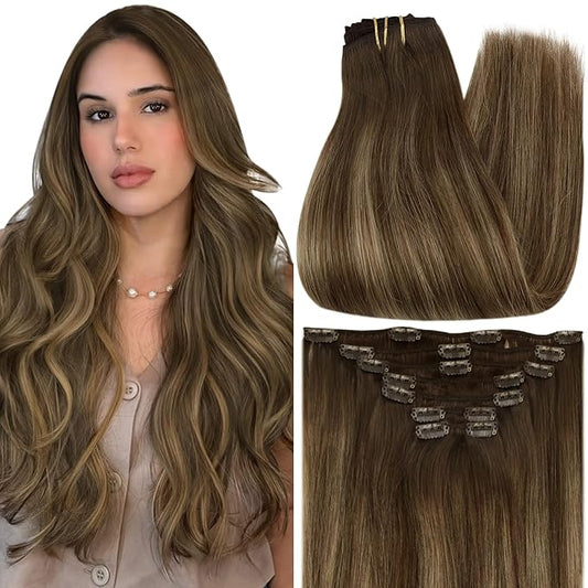 Full Shine Ombre Clip in Hair Extensions Human Hair Brown Balayage Medium Brown Mix Champagne Blonde Real Hair Clip in Extensions 4/24/4 7 Pcs 20 Inch 120 G