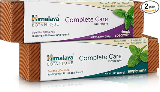 Himalaya Botanique Complete Care Toothpaste, Mint and Spearmint - Fluoride Free Toothpaste for Clean Teeth & Fresh Breath - Vegan, Gluten Free, No Artificial Flavors, 5.29 oz (Pack of 2)