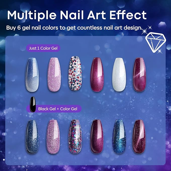 modelones Glitter Gel Nail Polish Set 6 Colors, Blue Color Changing Red Cat Eye Magnetic Gel Polish Chameleon Reflective Temperature Black Pink Nail Polish Soak Off LED Nail Art Manicure Kit Gift