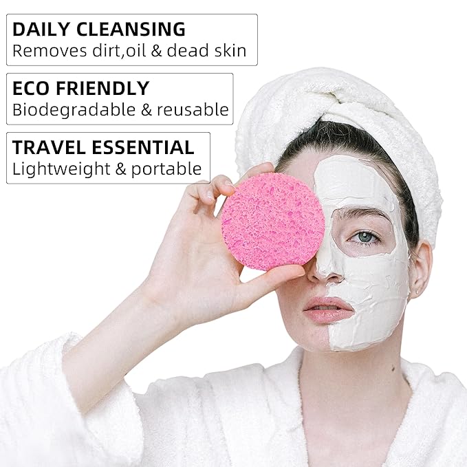 50-Count Compressed Facial Sponges|Kickleen 100% Natural Cellulose Cosmetic Spa Sponges for Daily Facial Cleansing|Makeup and Mask Removal|Exfoliating|Skin Massage|Pore Exfoliation (50 Count (Pink))