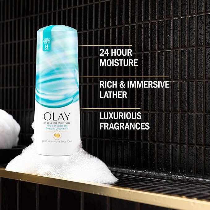 Olay Body Wash for Women, Indulgent Moisture, 24hr Moisturizing & Nourishing Formula, Infused with Vitamin B3 Complex, Luxurious Fragrances, Guava & Coconut Scent, 20 fl oz