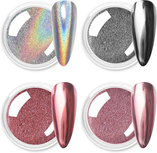 Allstarry Chrome Nail Powder, Metallic Mirror Effect Pigment Chrome Holographic Nail Glitter Magic Unicorn Glitter Dust Kit for Manicure Valentines Nail Art Decoration- Pink Silver Grey Series