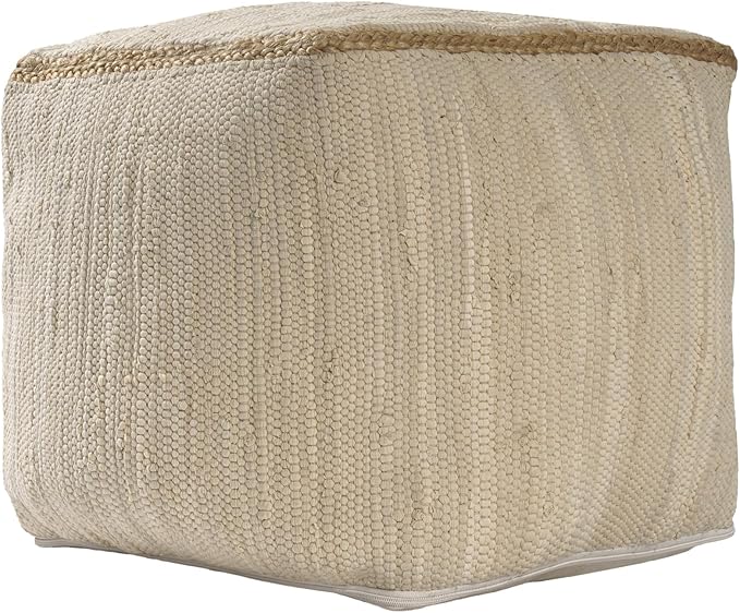 LR Home Birch/Silver Bordered Hand-Loomed Cotton Blend Cube Pouf with Jute Braid for Home Décor | Transitional Foot Rest for Bedroom & Living Room | 18 x 18 x 18 Stuffed Ottoman for Seating