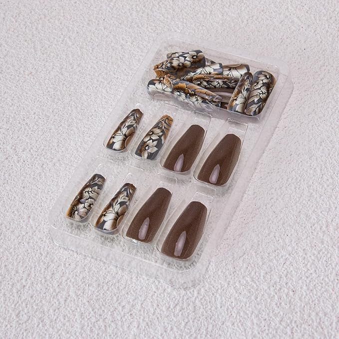 Medium Square Acrylic Nails, 24Pcs Glossy Floral Designs, Full Cover Artificial Nails, Press On Nails, Brown, Style 6