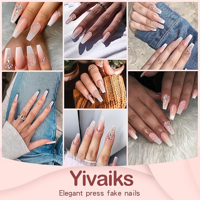 Yivaiks 24 Pcs Advanced Hand Made Customization Press on Nails, Luxurious Rhinestone Design Ballerina Fake Nails，Perfect Accessory for Banquets, Soirees, Parties(GD-004)