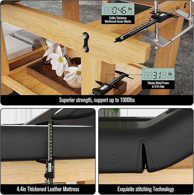 Wooden Massage Bed Adjustable Heavy-Duty Wide Stationary Massage Table for Treatment Physical Therapy Table Professional Stationary Spa Facial Bed, PU Leather, 31.5'' W × 75'' L