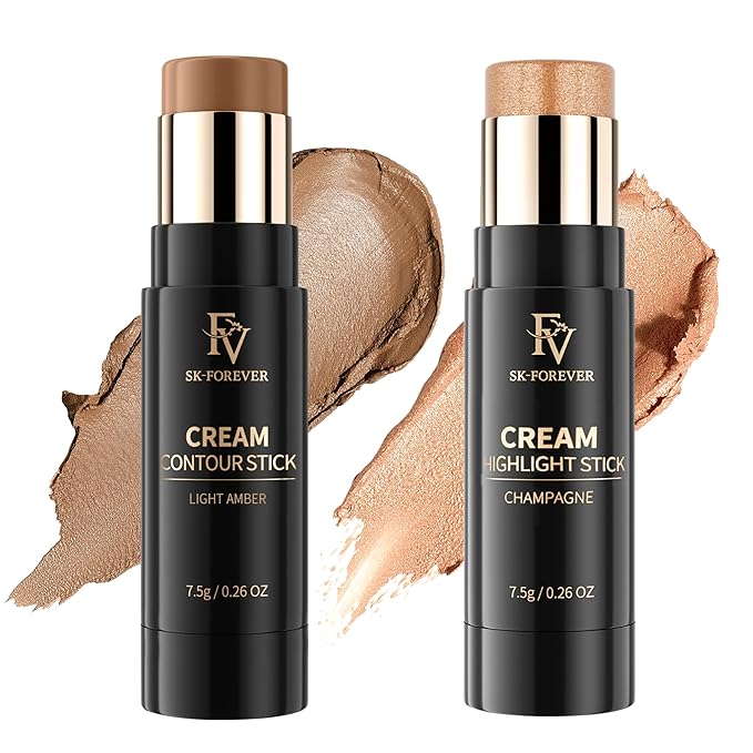 FV Cream Contour and Highlighter Stick - Highly Pigmented & Blendable for a Sculpted, Natural Glow | Waterproof & Long-Lasting Finish | Perfect for On-The-Go Makeup, 04 Light Amber & 03 Champagne